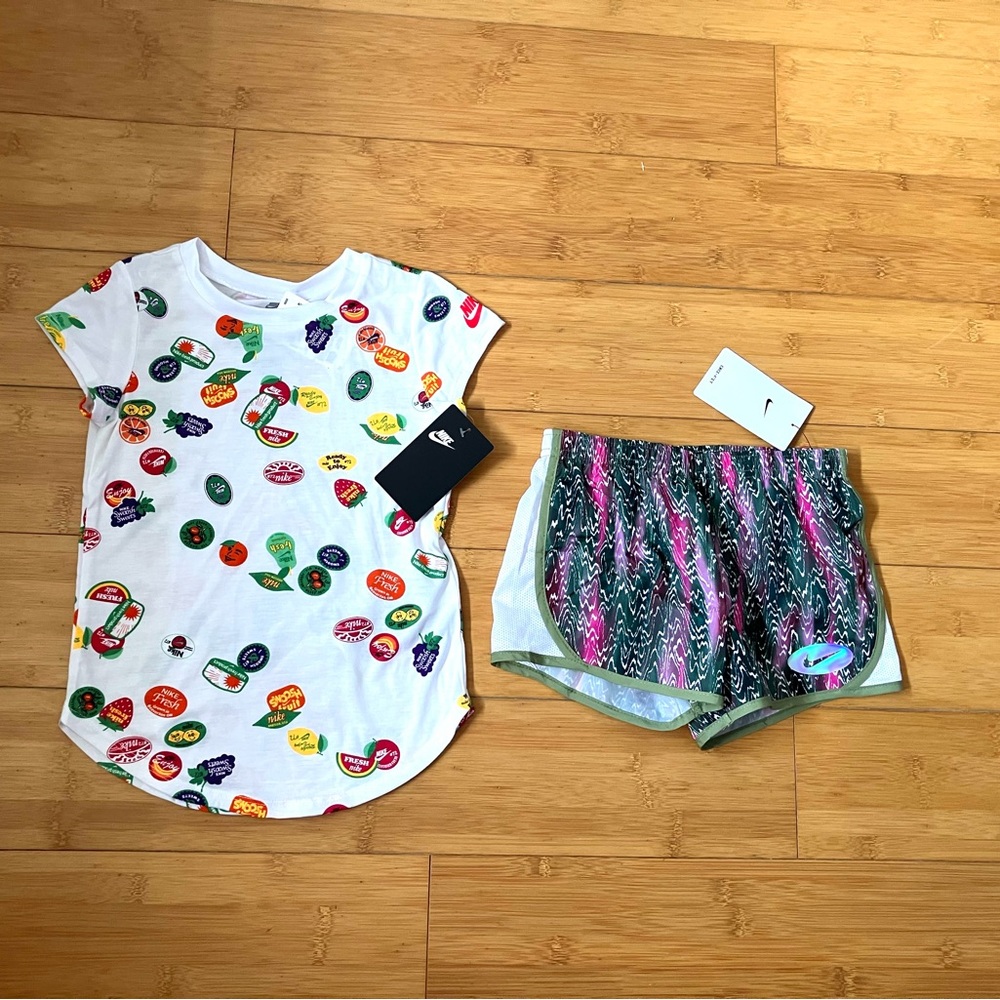 Nike Girls White Graphic Tee and Multicolor Athletic Shorts Set